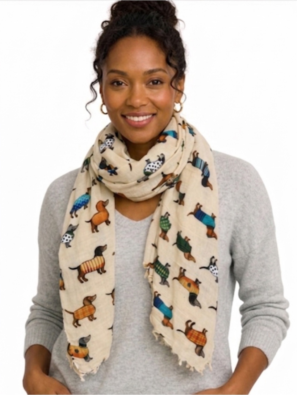 NWT Beige Dachshund Puppy Print Scarf Lightweight Novelty Wiener Dog Lover 
V